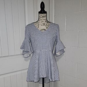 Marc Bouwer Blue and White Checkered Peplum Top NWOT medium